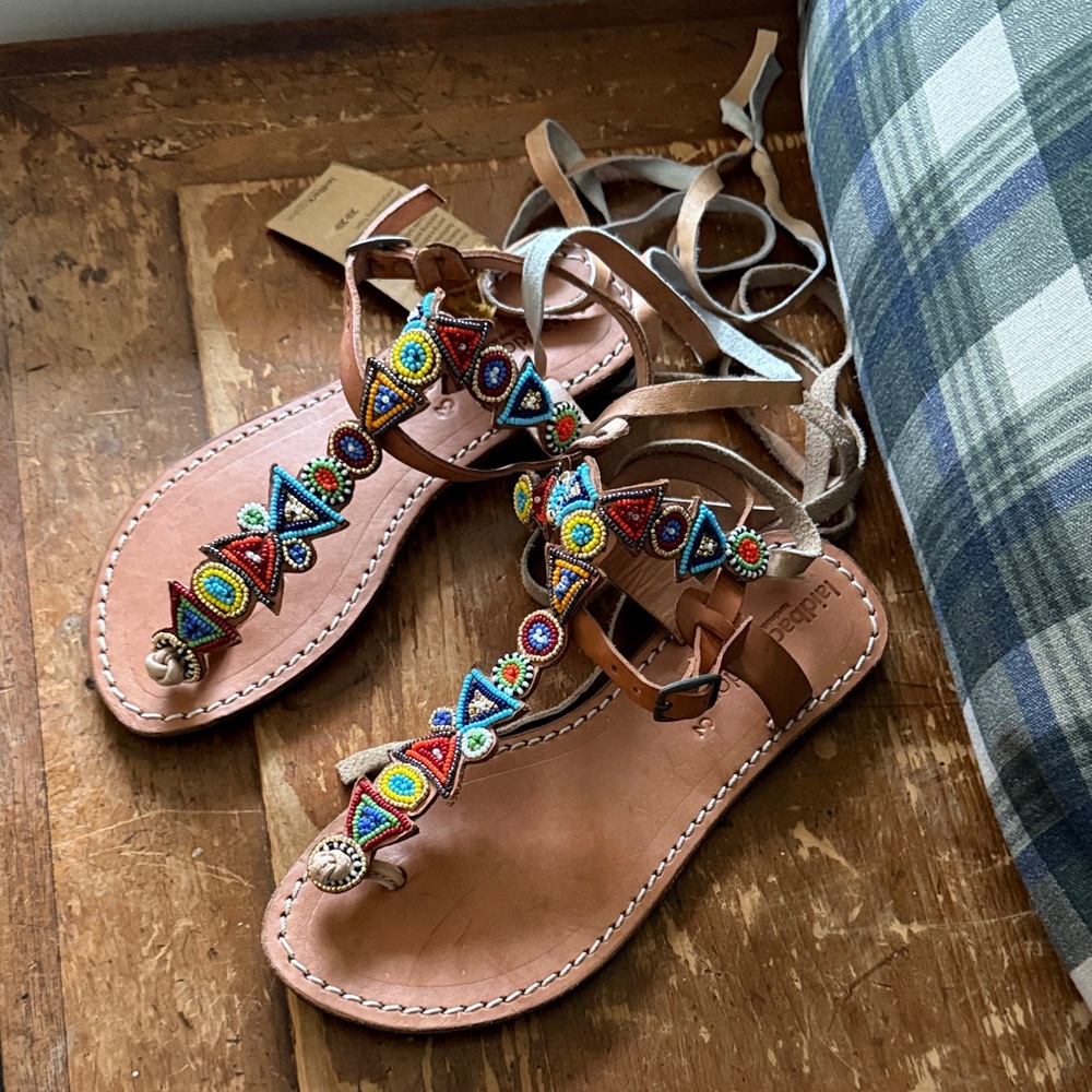 Beaded Leather Gladiator Sandals - Multicolor